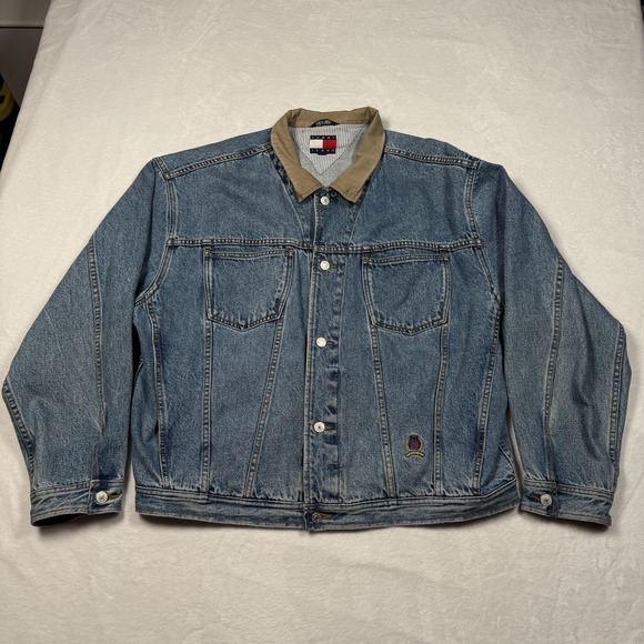 Vintage Tommy Jeans Jacket Mens 2XL Blue Denim Tan Collar Crest Patch 90s - Picture 2 of 14